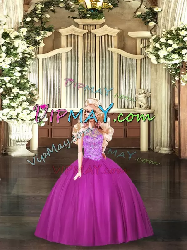 Free and Easy Floor Length Fuchsia Quinceanera Gown Tulle Sleeveless Beading