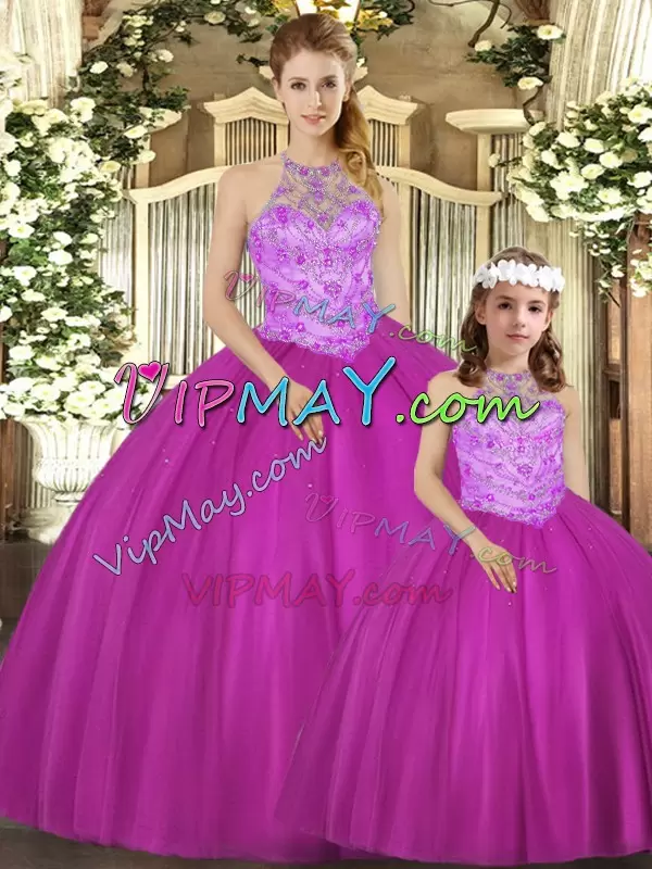 Free and Easy Floor Length Fuchsia Quinceanera Gown Tulle Sleeveless Beading