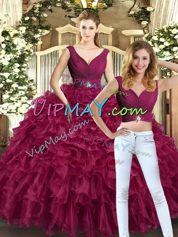 Stylish Burgundy Organza Backless V-neck Sleeveless Floor Length Ball Gown Prom Dress Beading and Ruffles