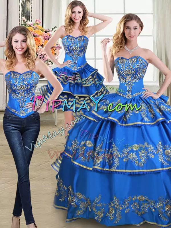 Blue Quince Ball Gowns Military Ball and Sweet 16 and Quinceanera with Beading and Embroidery and Ruffled Layers Sweetheart Sleeveless Lace Up