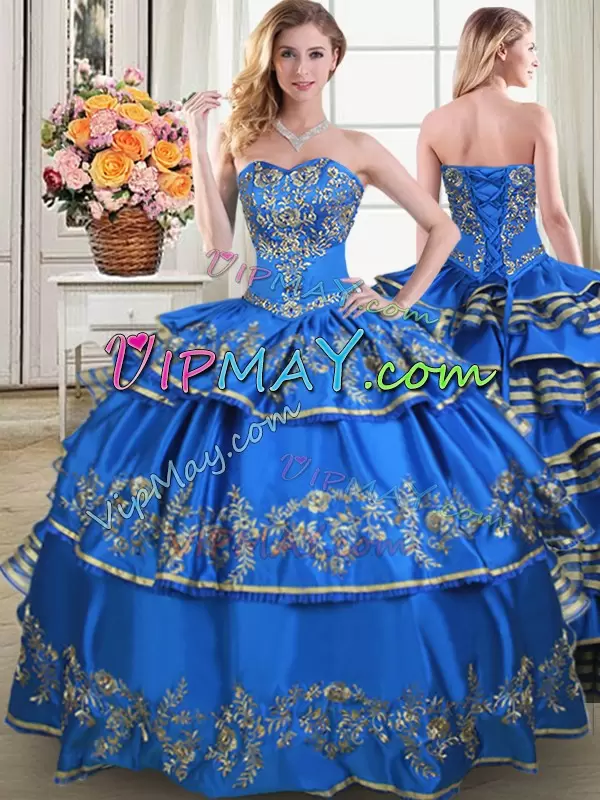 Blue Quince Ball Gowns Military Ball and Sweet 16 and Quinceanera with Beading and Embroidery and Ruffled Layers Sweetheart Sleeveless Lace Up