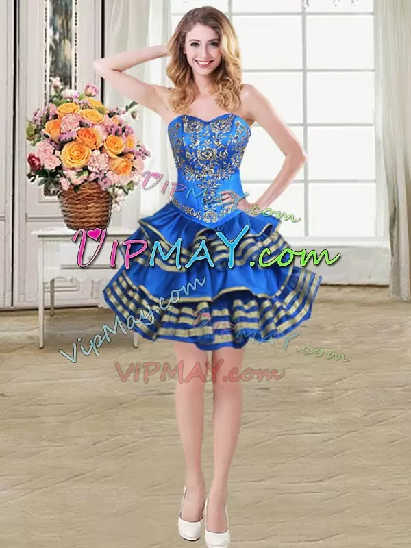 Blue Quince Ball Gowns Military Ball and Sweet 16 and Quinceanera with Beading and Embroidery and Ruffled Layers Sweetheart Sleeveless Lace Up