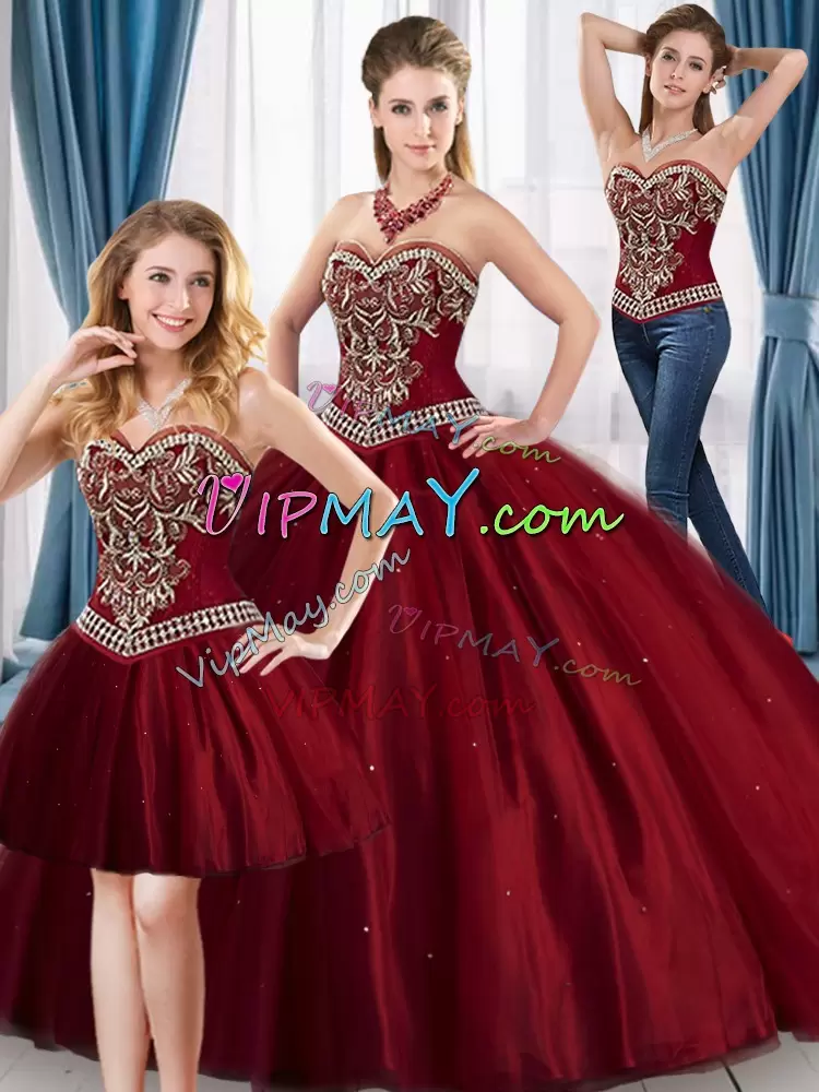 Wine Red Ball Gowns Beading and Embroidery Vestidos de Quinceanera Lace Up Tulle Sleeveless Floor Length