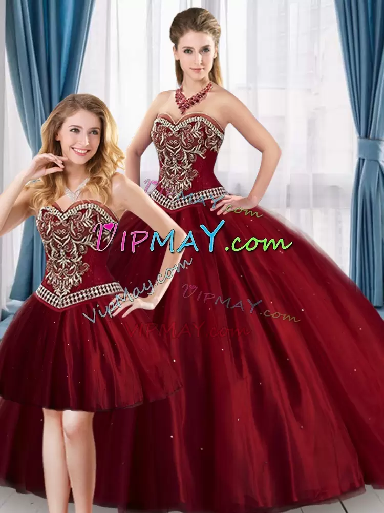 Wine Red Ball Gowns Beading and Embroidery Vestidos de Quinceanera Lace Up Tulle Sleeveless Floor Length