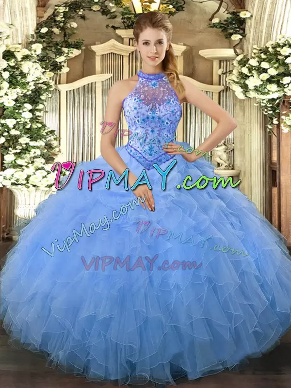 Romantic Ball Gowns Vestidos de Quinceanera Baby Blue Halter Top Organza Sleeveless Floor Length Lace Up