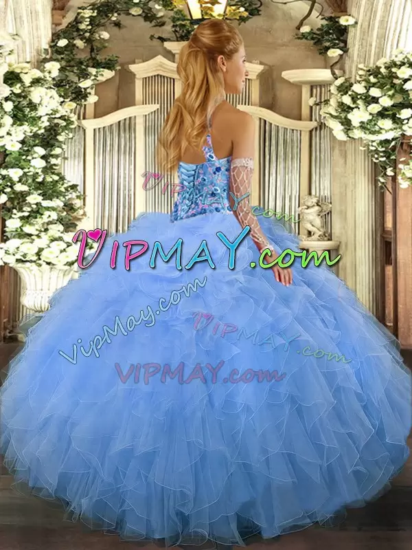 Romantic Ball Gowns Vestidos de Quinceanera Baby Blue Halter Top Organza Sleeveless Floor Length Lace Up