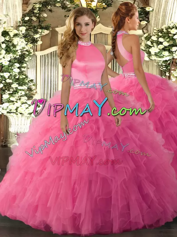 Customized Halter Top Sleeveless Quinceanera Dresses Floor Length Beading and Ruffles Hot Pink Organza