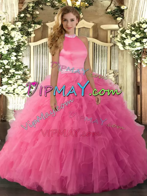 Customized Halter Top Sleeveless Quinceanera Dresses Floor Length Beading and Ruffles Hot Pink Organza