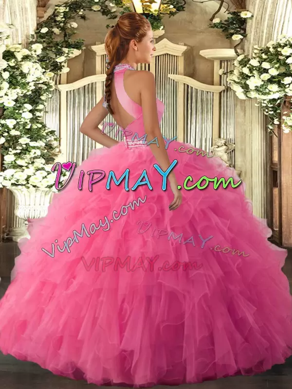 Customized Halter Top Sleeveless Quinceanera Dresses Floor Length Beading and Ruffles Hot Pink Organza