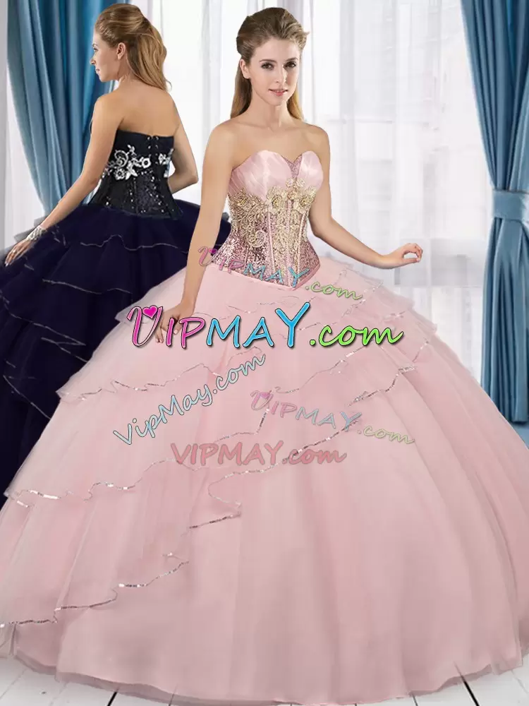 Tulle Sleeveless Floor Length Sweet 16 Dress and Beading and Ruffled Layers