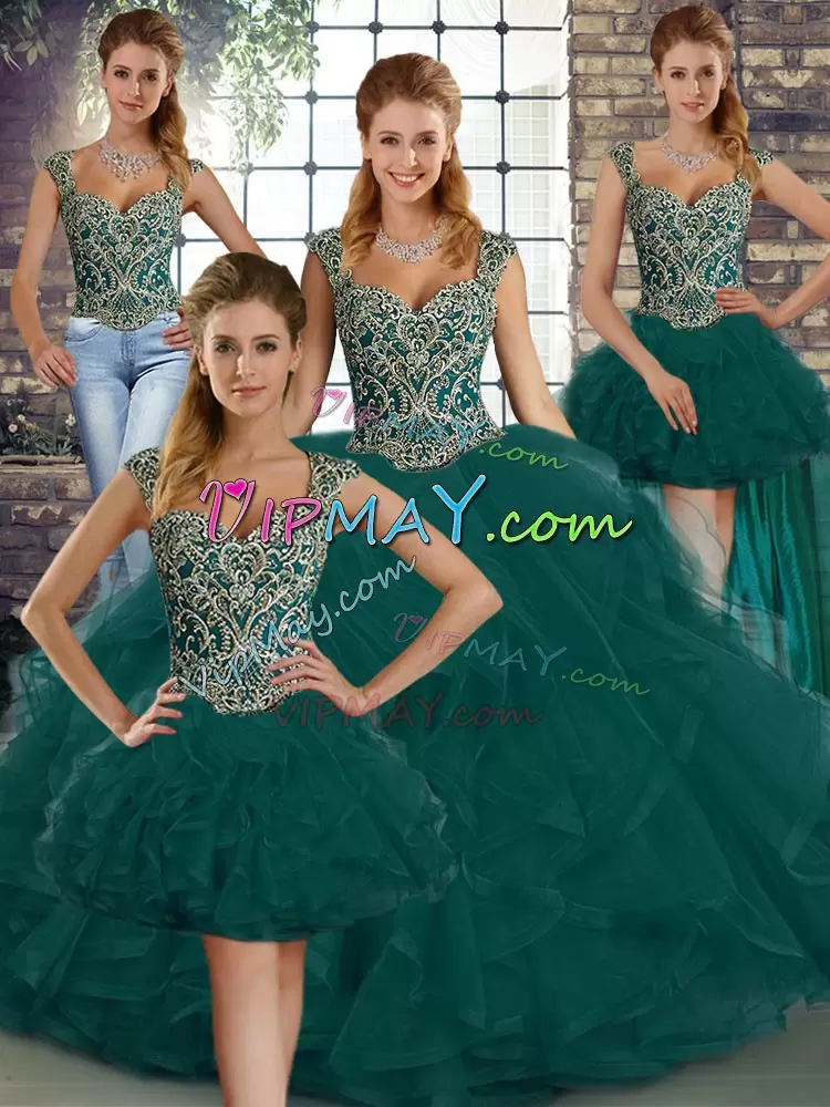 Sumptuous Peacock Green Straps Neckline Beading and Ruffles 15 Quinceanera Dress Sleeveless Lace Up