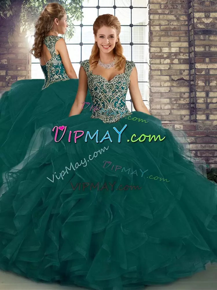 Sumptuous Peacock Green Straps Neckline Beading and Ruffles 15 Quinceanera Dress Sleeveless Lace Up