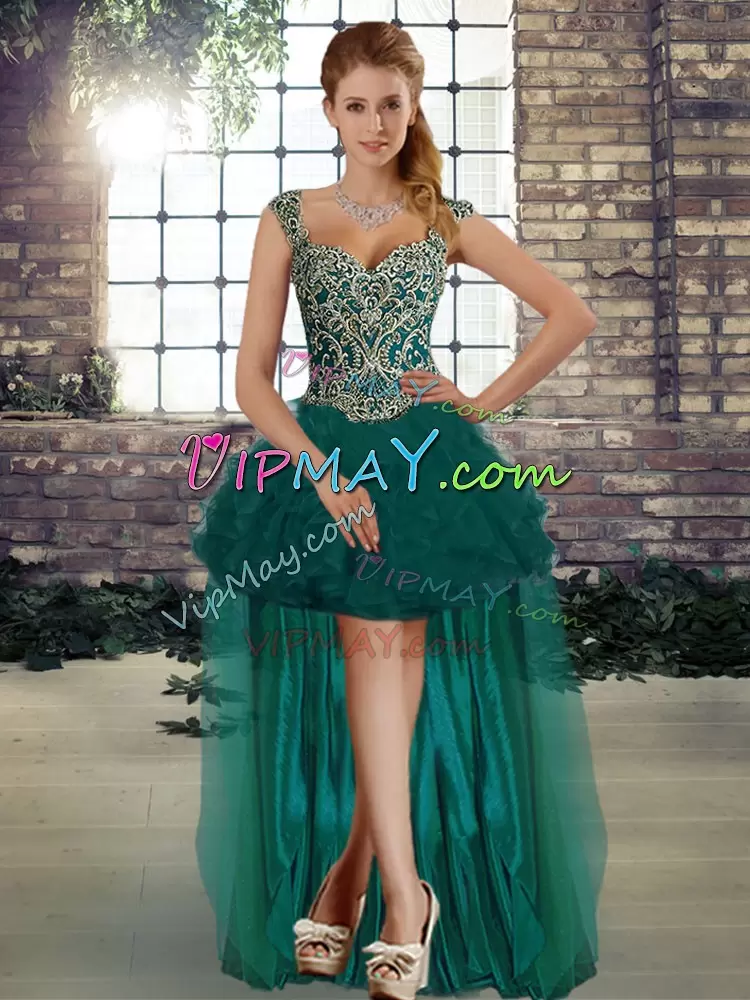 Sumptuous Peacock Green Straps Neckline Beading and Ruffles 15 Quinceanera Dress Sleeveless Lace Up