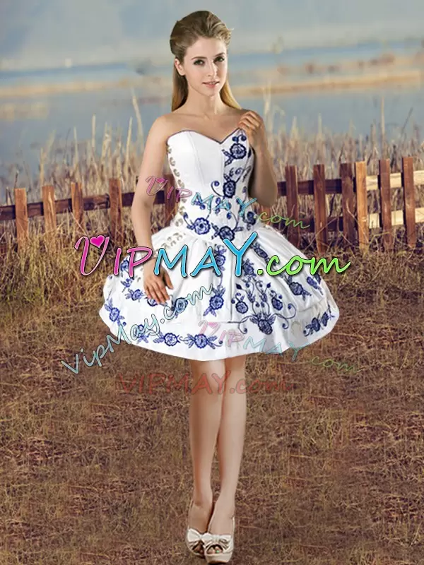 Classical Blue And White Sweetheart Neckline Embroidery and Ruffles Sweet 16 Dress Sleeveless Lace Up