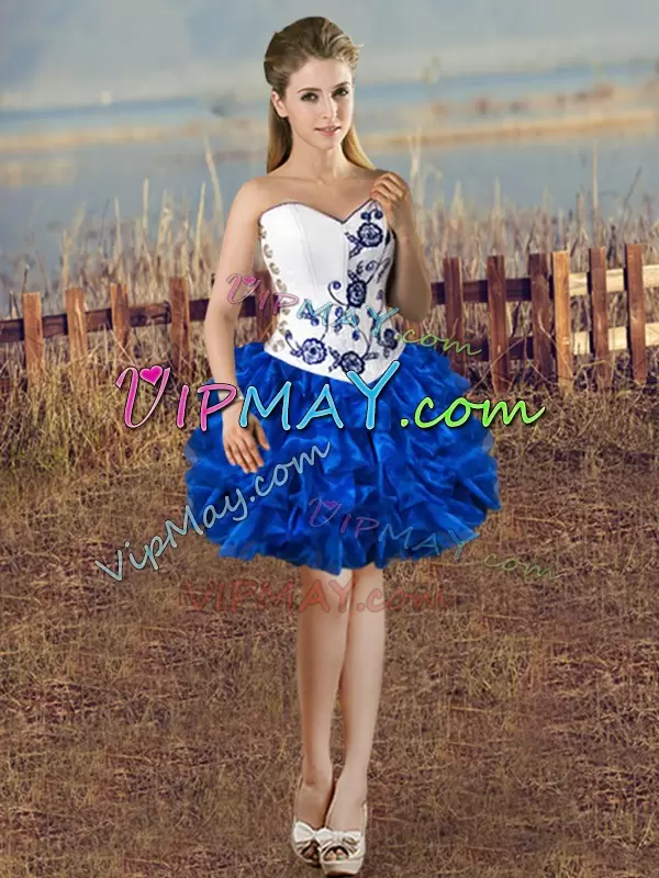 Classical Blue And White Sweetheart Neckline Embroidery and Ruffles Sweet 16 Dress Sleeveless Lace Up