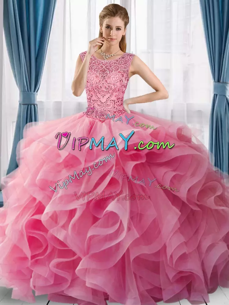 Graceful Rose Pink Ball Gowns Scoop Sleeveless Tulle Floor Length Lace Up Beading Ball Gown Prom Dress