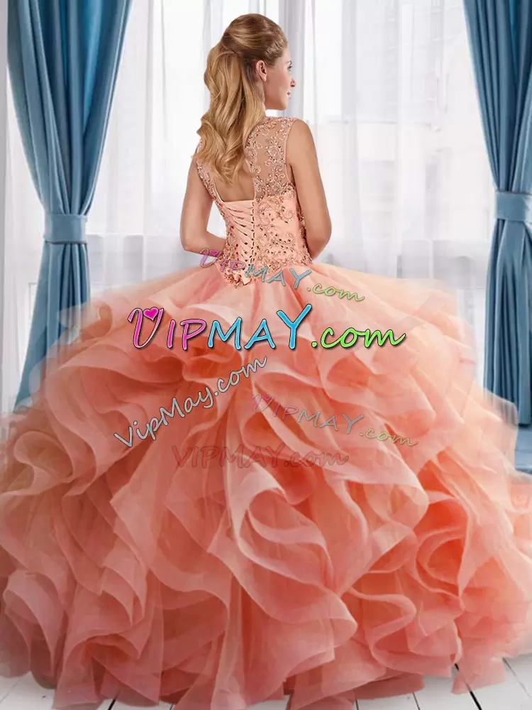 Graceful Rose Pink Ball Gowns Scoop Sleeveless Tulle Floor Length Lace Up Beading Ball Gown Prom Dress
