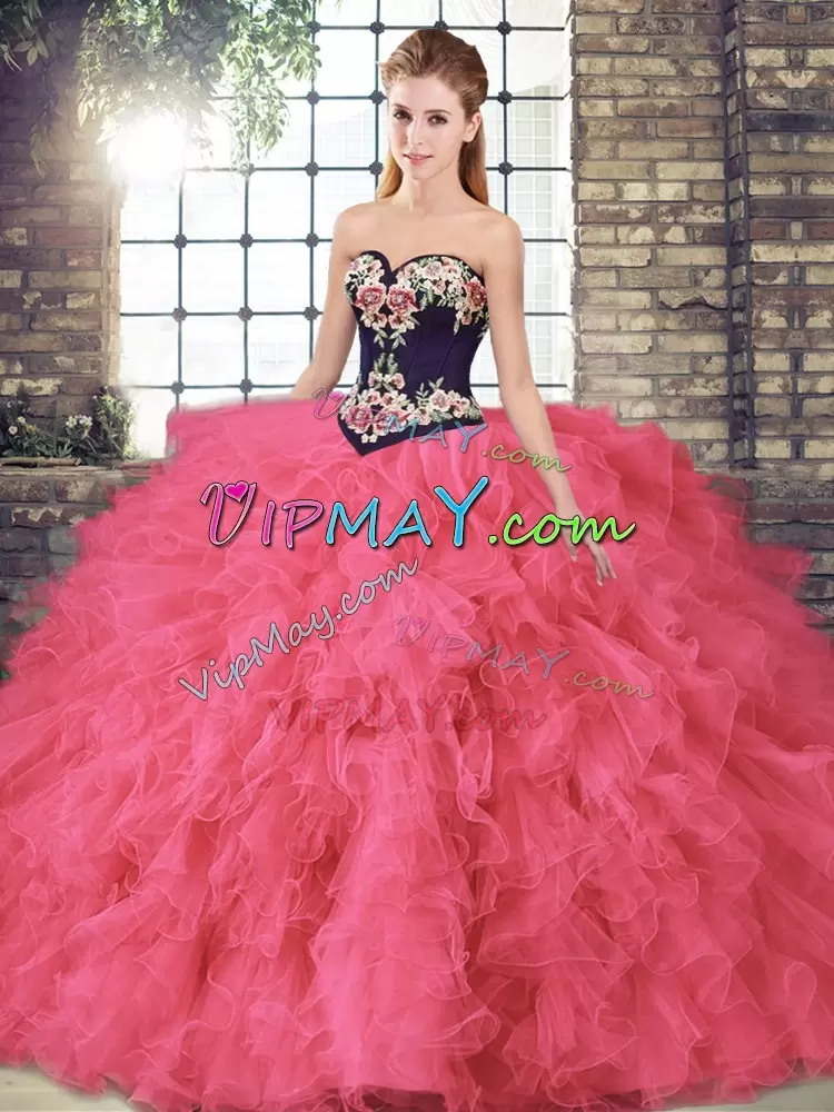 Custom Design Sweetheart Sleeveless Lace Up Sweet 16 Dress Hot Pink Tulle Beading and Embroidery