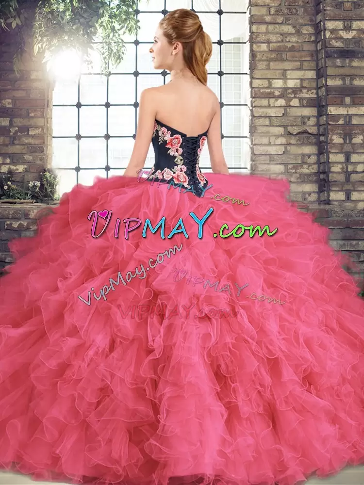 Custom Design Sweetheart Sleeveless Lace Up Sweet 16 Dress Hot Pink Tulle Beading and Embroidery