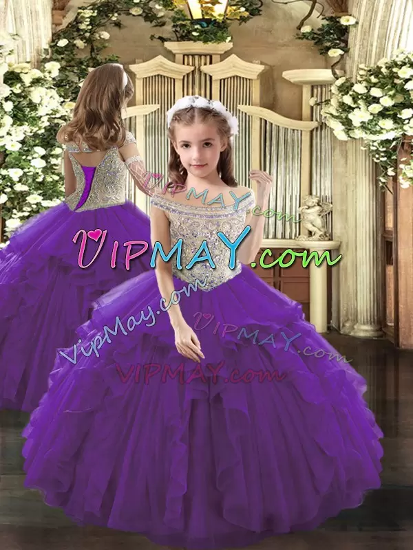 Purple Tulle Lace Up Vestidos de Quinceanera Sleeveless Floor Length Beading and Ruffles