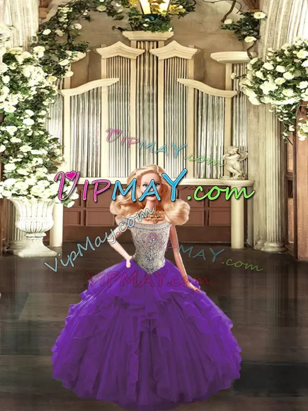 Purple Tulle Lace Up Vestidos de Quinceanera Sleeveless Floor Length Beading and Ruffles