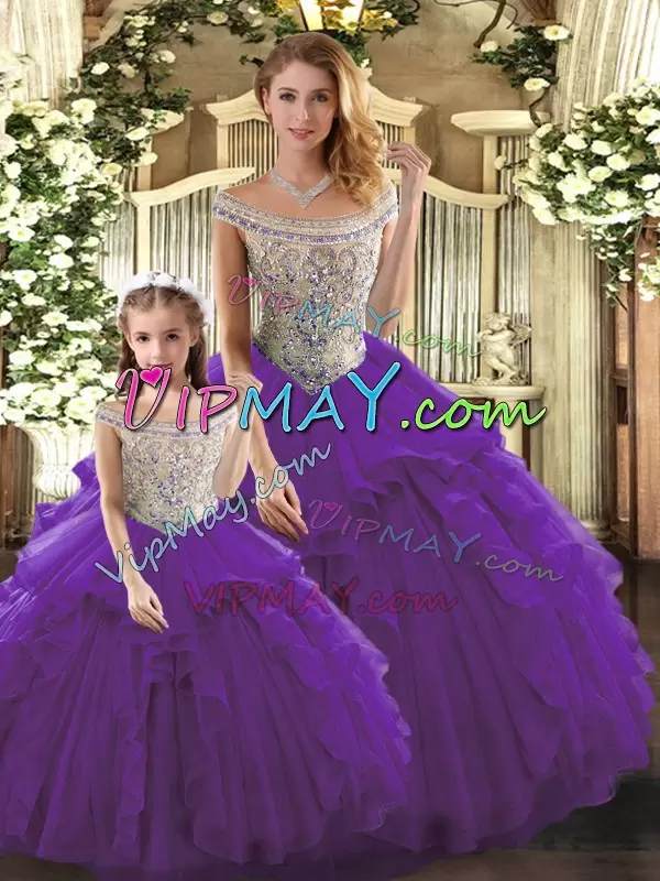 Purple Tulle Lace Up Vestidos de Quinceanera Sleeveless Floor Length Beading and Ruffles