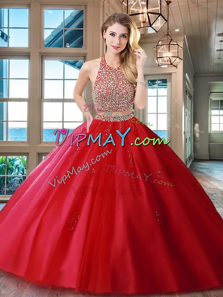 Tulle Sleeveless With Train Quinceanera Gown Brush Train and Beading and Appliques