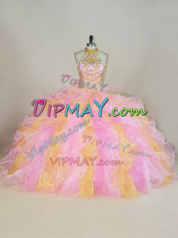 Most Popular Multi-color Lace Up Sweet 16 Dress Beading and Ruffles Sleeveless Floor Length