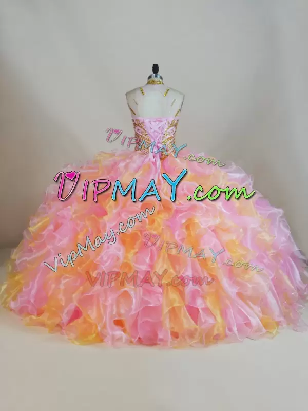 Most Popular Multi-color Lace Up Sweet 16 Dress Beading and Ruffles Sleeveless Floor Length