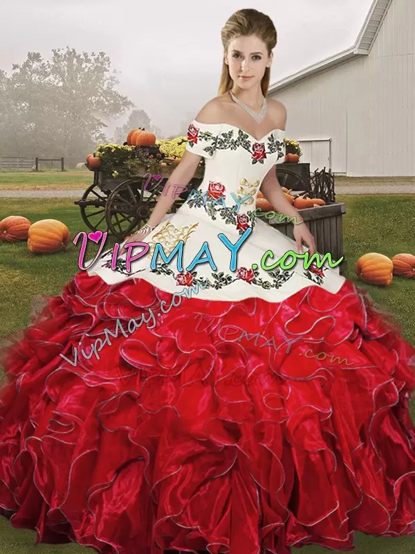 Off The Shoulder Sleeveless Organza Ball Gown Prom Dress Embroidery and Ruffles Lace Up