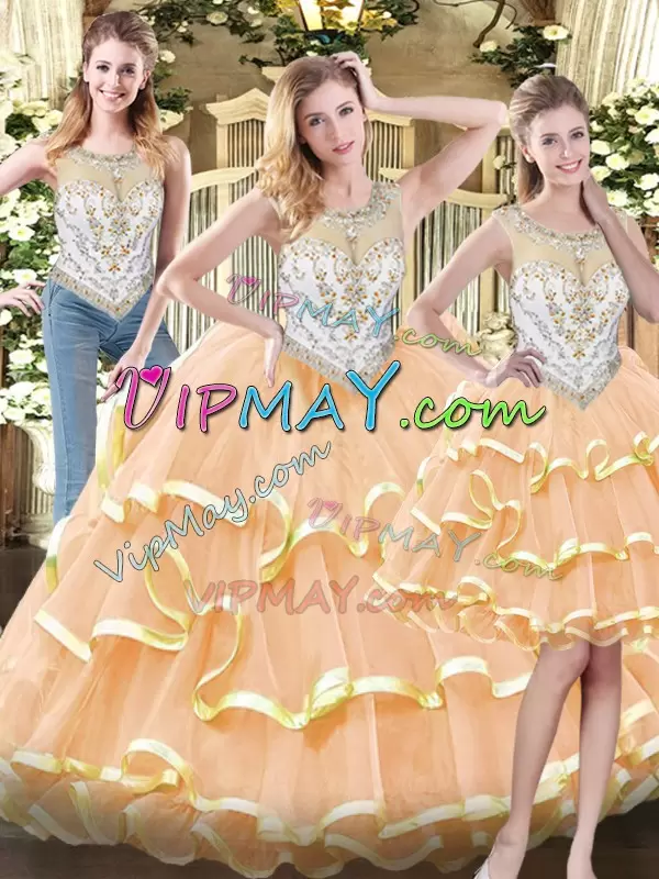 Sleeveless Scoop Beading and Ruffled Layers Zipper Quinceanera Dresses