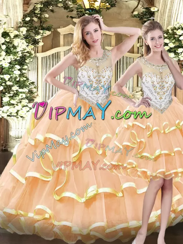 Sleeveless Scoop Beading and Ruffled Layers Zipper Quinceanera Dresses