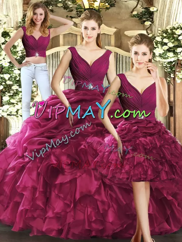 Classical Burgundy Organza Backless Quince Ball Gowns Sleeveless Floor Length Ruffles and Pick Ups