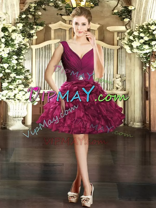 Classical Burgundy Organza Backless Quince Ball Gowns Sleeveless Floor Length Ruffles and Pick Ups