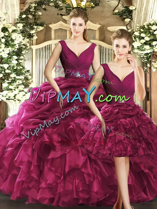 Classical Burgundy Organza Backless Quince Ball Gowns Sleeveless Floor Length Ruffles and Pick Ups