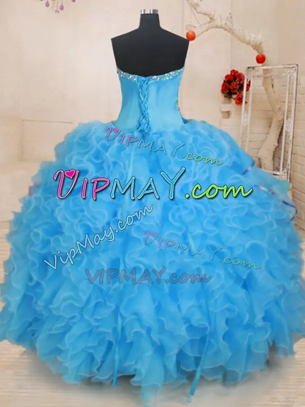 Fantastic Baby Blue Organza Lace Up Sweetheart Sleeveless Floor Length 15 Quinceanera Dress Beading and Ruffles and Pattern