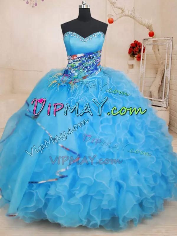 Fantastic Baby Blue Organza Lace Up Sweetheart Sleeveless Floor Length 15 Quinceanera Dress Beading and Ruffles and Pattern