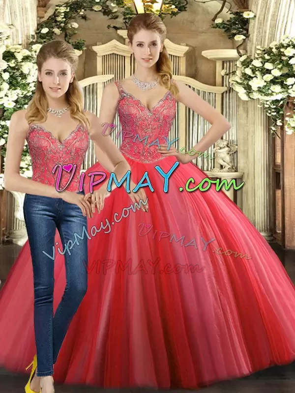 Coral Red Straps Lace Up Beading Quinceanera Gowns Sleeveless