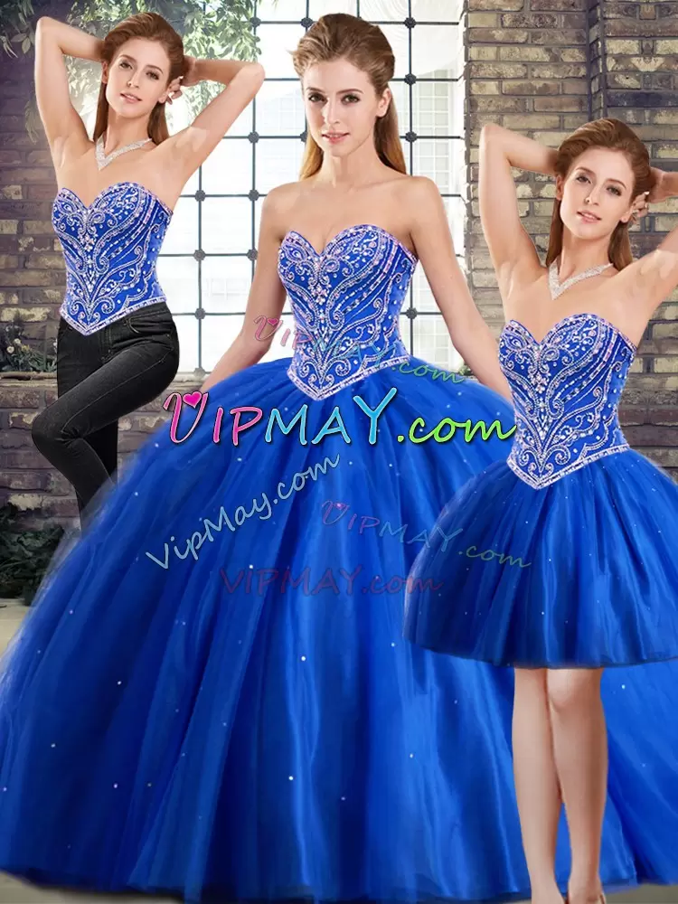 Sophisticated Blue Lace Up 15th Birthday Dress Beading Sleeveless Brush Train