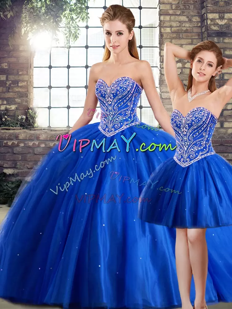 Sophisticated Blue Lace Up 15th Birthday Dress Beading Sleeveless Brush Train