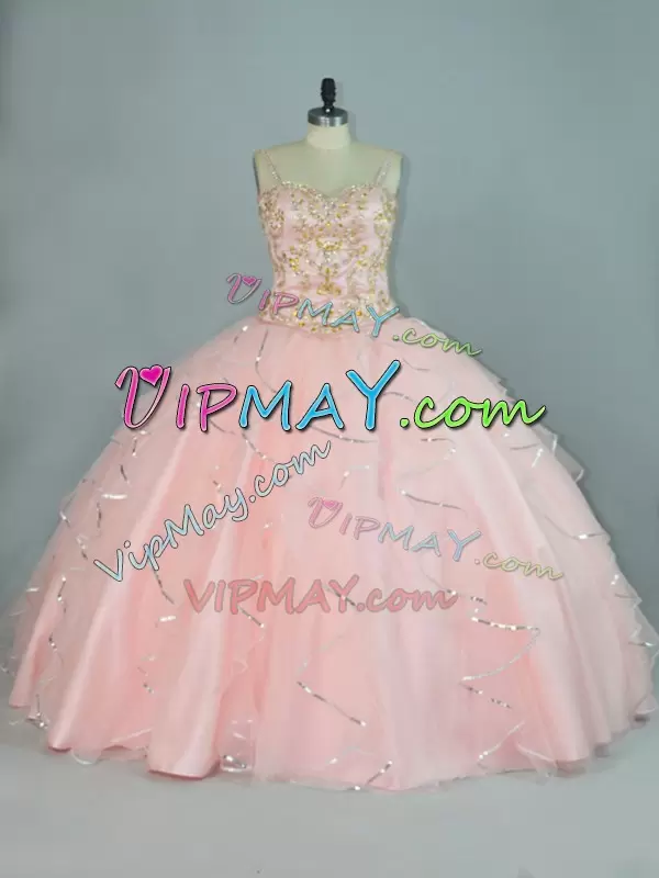 Customized Sleeveless Straps Lace Up Floor Length Beading and Ruffles Quinceanera Gown Straps