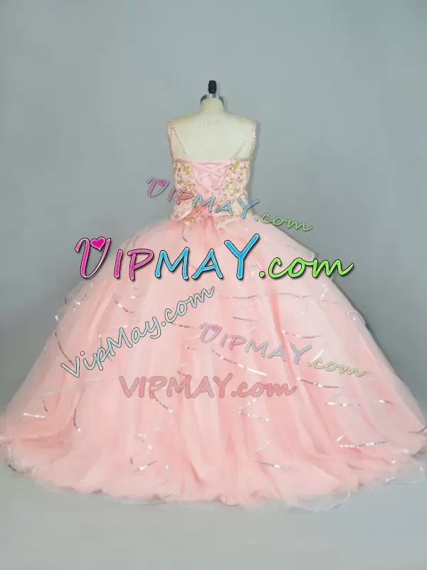 Customized Sleeveless Straps Lace Up Floor Length Beading and Ruffles Quinceanera Gown Straps