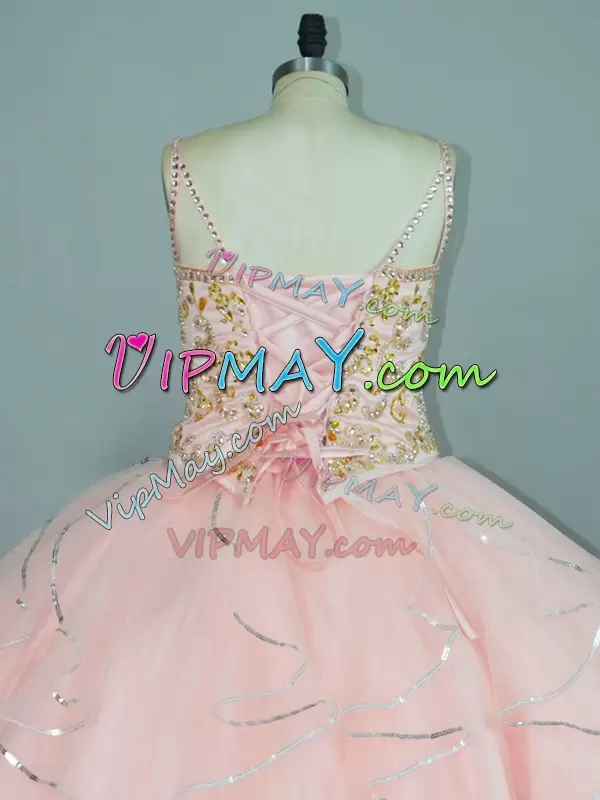 Customized Sleeveless Straps Lace Up Floor Length Beading and Ruffles Quinceanera Gown Straps