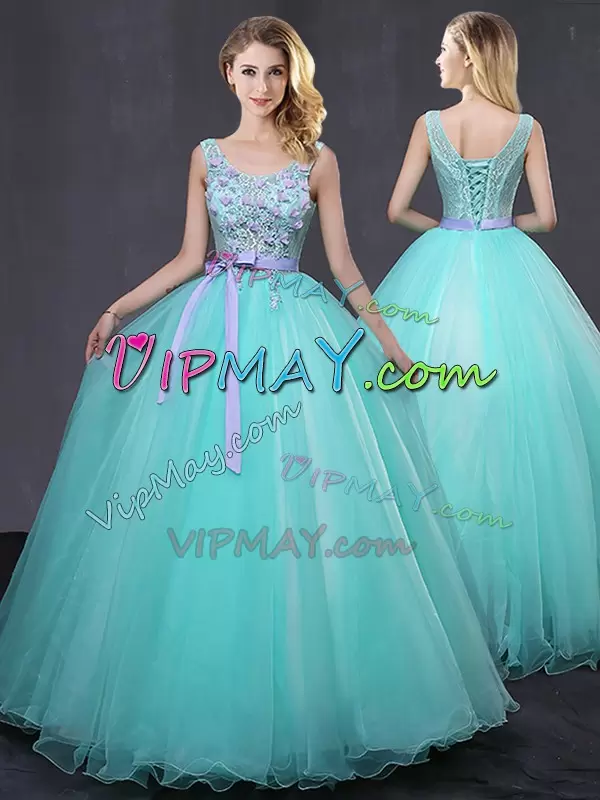 Beauteous Aqua Blue Sleeveless Tulle Lace Up 15 Quinceanera Dress for Military Ball and Sweet 16 and Quinceanera