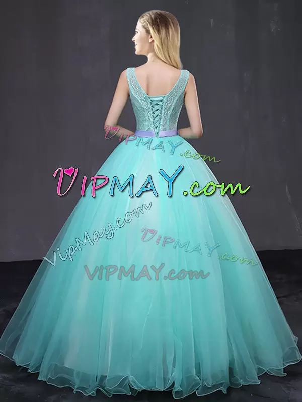 Beauteous Aqua Blue Sleeveless Tulle Lace Up 15 Quinceanera Dress for Military Ball and Sweet 16 and Quinceanera