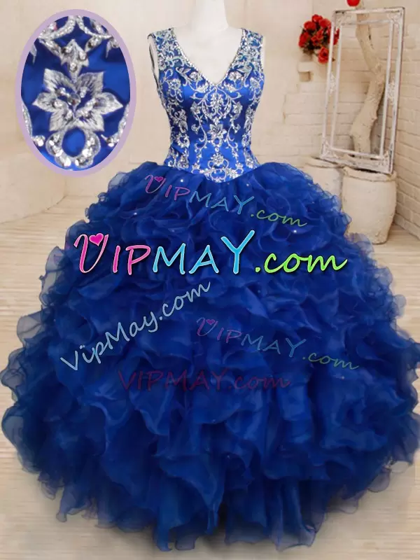 Royal Blue Backless Vestidos de Quinceanera Beading and Embroidery and Ruffles Sleeveless Floor Length