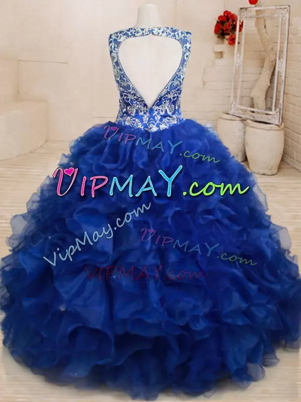 Royal Blue Backless Vestidos de Quinceanera Beading and Embroidery and Ruffles Sleeveless Floor Length