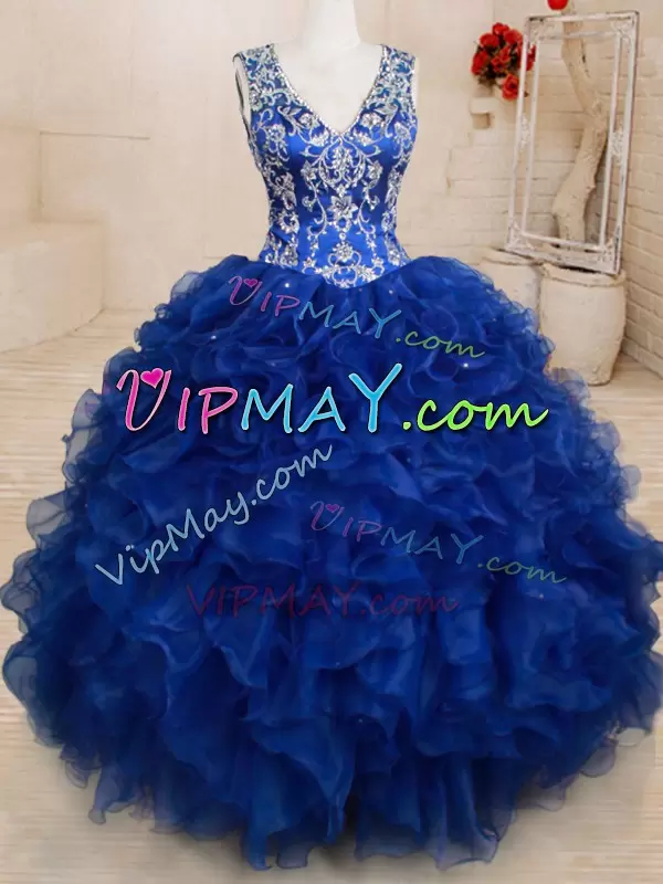 Royal Blue Backless Vestidos de Quinceanera Beading and Embroidery and Ruffles Sleeveless Floor Length