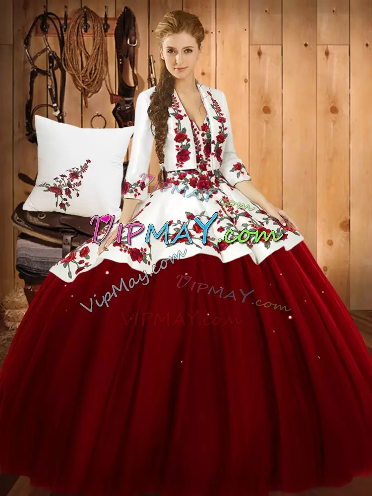 Colorful Wine Red Sleeveless Embroidery Floor Length Ball Gown Prom Dress