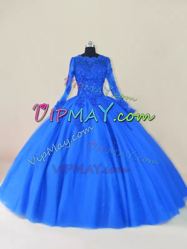 Super Tulle Scalloped Long Sleeves Zipper Lace and Appliques Sweet 16 Dress in Royal Blue